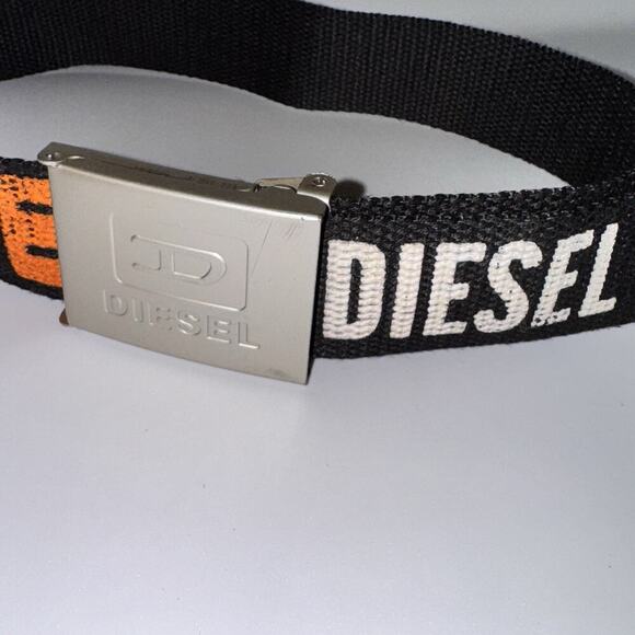 Vintage Y2K Diesel Black Canvas Logo Print Adjustable Logo Buckle Belt Up To 46” - Picture 8 of 10